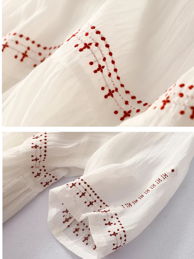 Summer New Dresses for Women LOOSE Embroidery Vintage Dress Streetwear Long Dresses Women Clothing Robe O-Neck White Dress