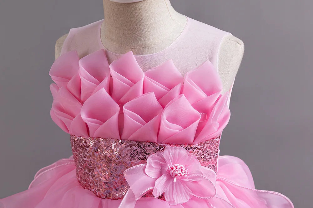 Girls Party Dress with Train, Puffy Cake Dress for Birthday & Flower Girl, Elegant Princess Gown for Host & Special Events