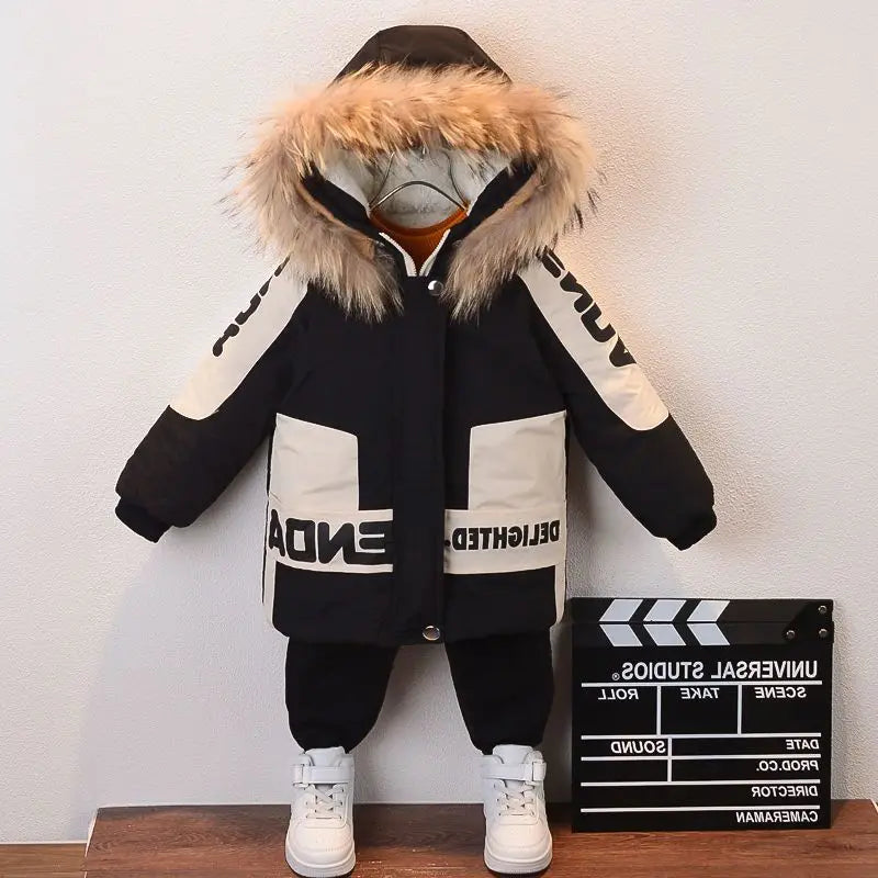 Winter Boys Coat 2023 New Baby Fur Collar Hooded Cotton Plus Velvet Thicken Warm Jacket For Children's Coat For Boys 2-8Years