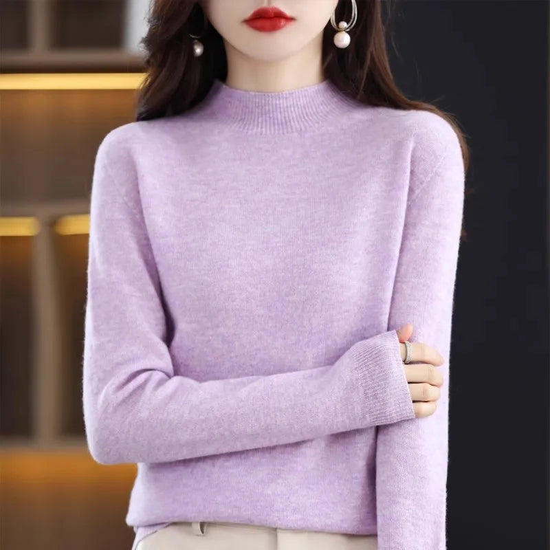 Autumn Winter Women Sweater Korean Fashion Warm Bottoming Shirts Half High Collar Basic Knitwear Solid Long Sleeve Pullovers
