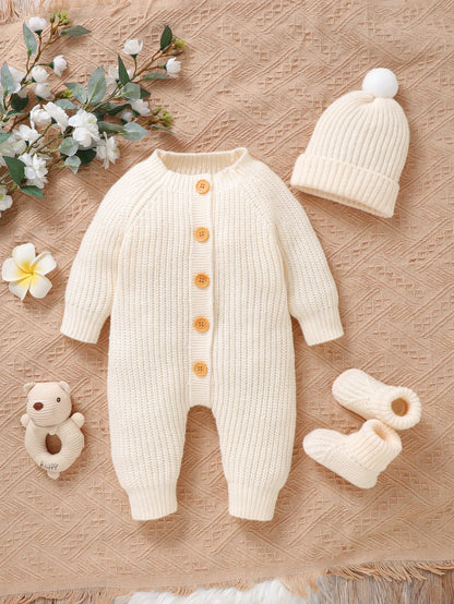 Winter Baby Clothes Beige Long Sleeve Knitted Rompers+Hats+Shoes 3pcs Outfits for Newborn Boys Girls Outwear Outfits Sets 0-9M