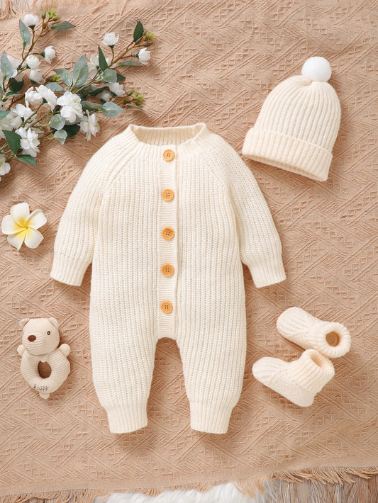 Winter Baby Clothes Beige Long Sleeve Knitted Rompers+Hats+Shoes 3pcs Outfits for Newborn Boys Girls Outwear Outfits Sets 0-9M