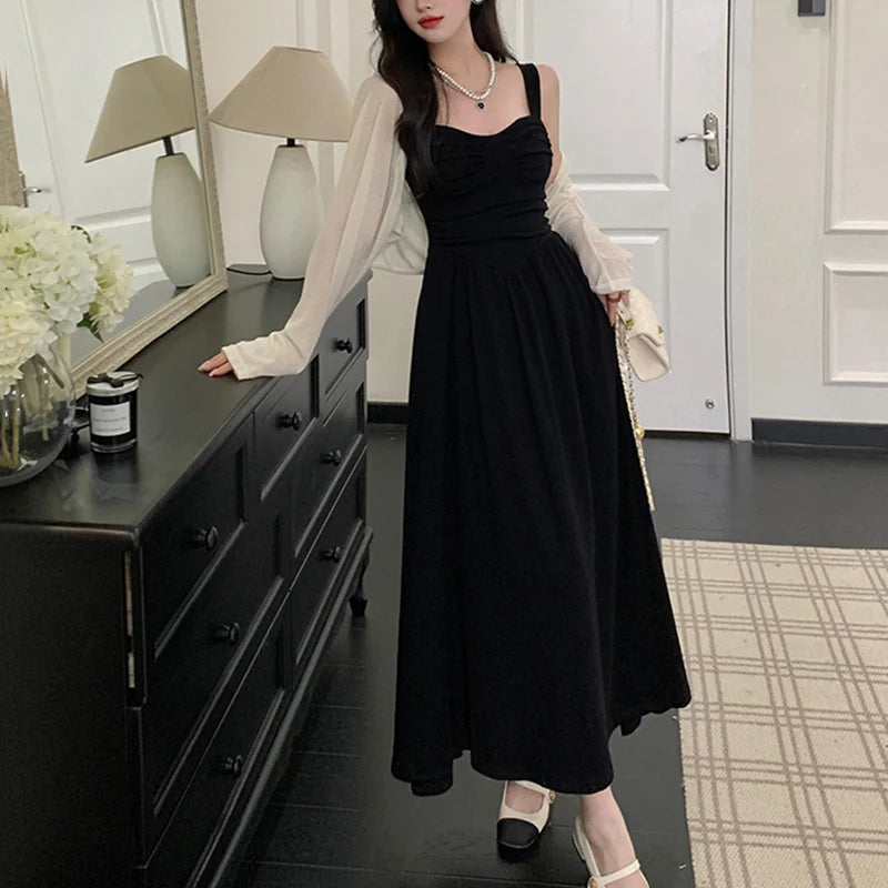 New Summer Women Elegant Black Suspender Dress Lady Concise Beach Prom Goddess Dress Female Classic Backless Ruched Long Dress