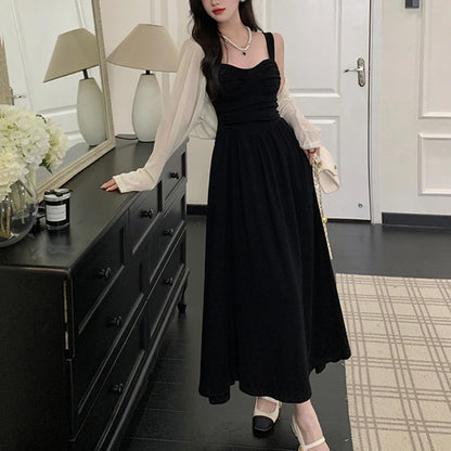 New Summer Women Elegant Black Suspender Dress Lady Concise Beach Prom Goddess Dress Female Classic Backless Ruched Long Dress