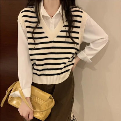 Women Autumn Winter Preppy Style Sweater Vest New Fashion Pullover Elastic Knit Ladies Jumper Casual Stripped Female Basic Tops