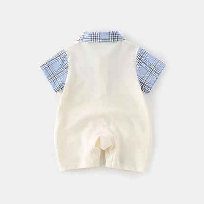 Boys Summer Short-sleeved  Jumpsuit Clothes Baby Fake Two-piece College Style Onesie  Babe Cute Dog Label Romper Fashion Outwear