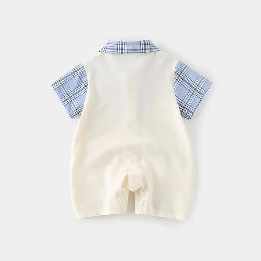 Boys Summer Short-sleeved  Jumpsuit Clothes Baby Fake Two-piece College Style Onesie  Babe Cute Dog Label Romper Fashion Outwear