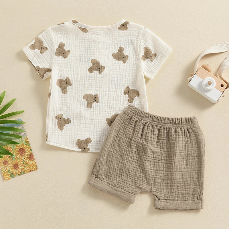 Toddler Kids Clothes Boys Summer Bear Print Short Sleeve Cotton Linen Pocket T-shirts Tops+Drawstring Shorts Sets Outfits