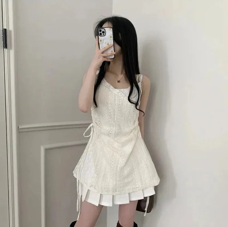 Summer Dress Women Chic French Lace Stitching Sling Shirt Stacked Gauze Knitted Dress Overskirt Inner Wear Base Short Dress