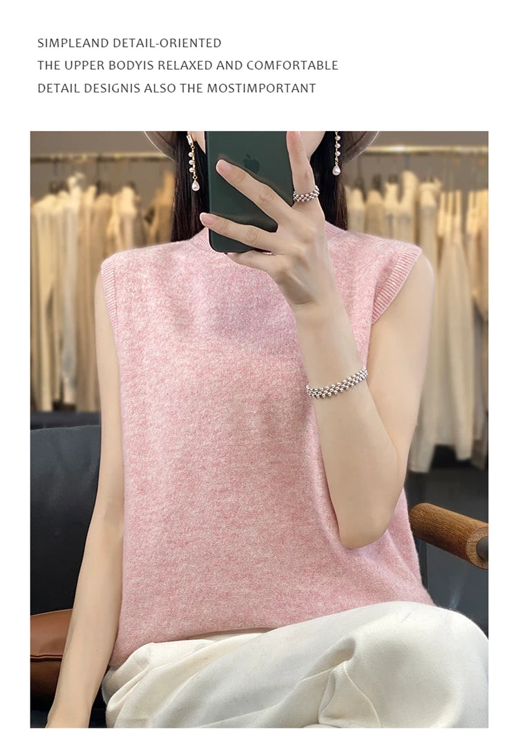 2024 Cashmere Vest Women's 100% Merino Wool Pullover Indoor Sleeveless Sweater Half-turtleneck Office Tops Waistcoat