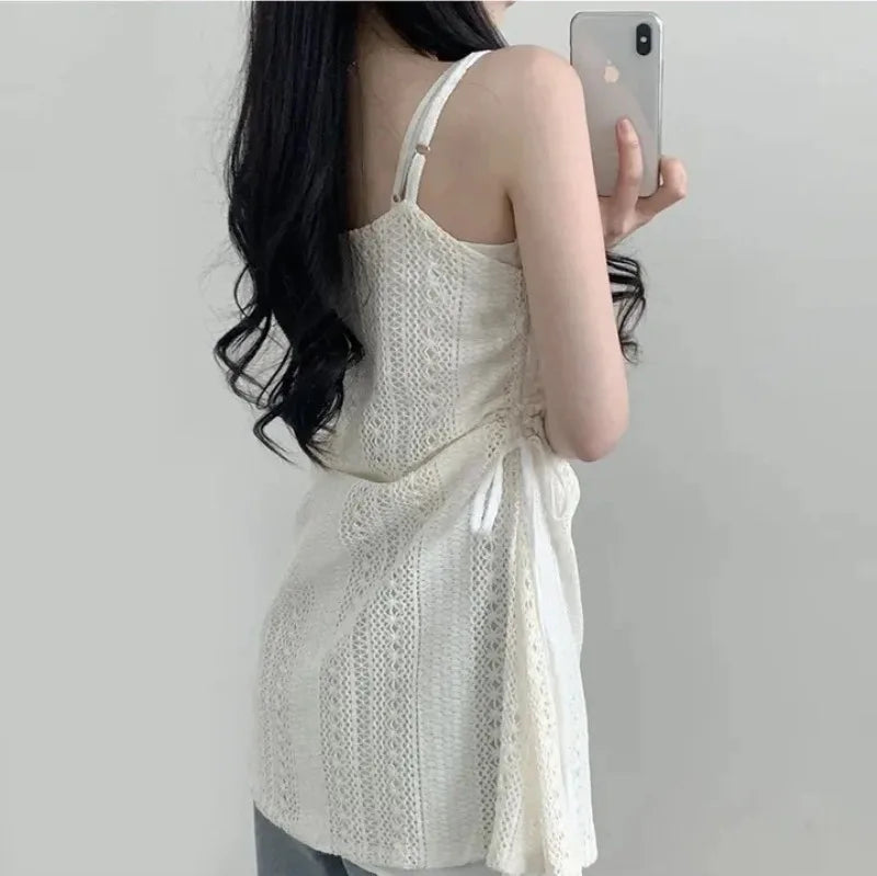 Summer Dress Women Chic French Lace Stitching Sling Shirt Stacked Gauze Knitted Dress Overskirt Inner Wear Base Short Dress