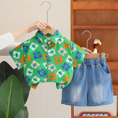 Boys' summer clothing 2025 new style summer new style baby shirt short sleeved two-piece set children's summer clothes