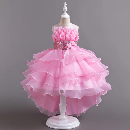 Girls Party Dress with Train, Puffy Cake Dress for Birthday & Flower Girl, Elegant Princess Gown for Host & Special Events