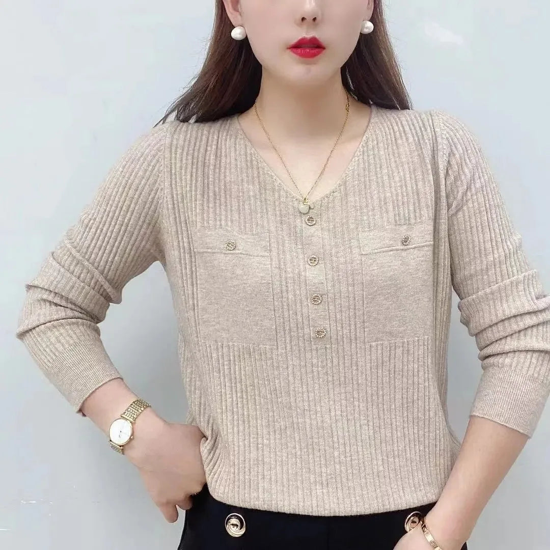 New Long Sleeve Knit V-Neck Pullover Loose Thin Sweater Underlay Autumn Sweater Top