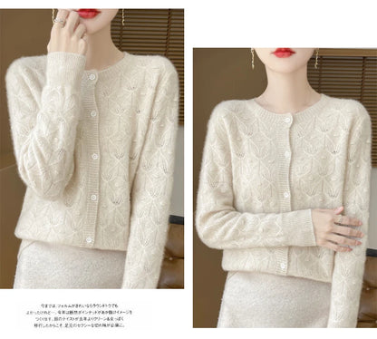 2024 Autumn And Winter New Round Neck Hollowed Out 100 Wool Knitted Cardigan Women's Versatile Coat Loose Casual Sweater DMR281