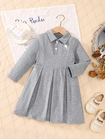Autumn And Winter Girls' School-Style Dress For Outdoor Travel Grey Lapel Embroidered Long-Sleeved Pleated One-Piece Dress