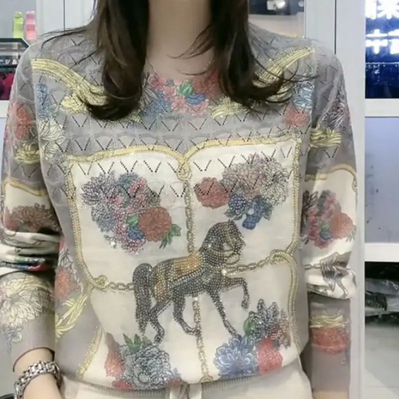 Autumn Winter O Neck Printing Diamonds Sweater Ladies Loose Casual Pullover Knitting Top Women Fashion Trend All-match Jumpers