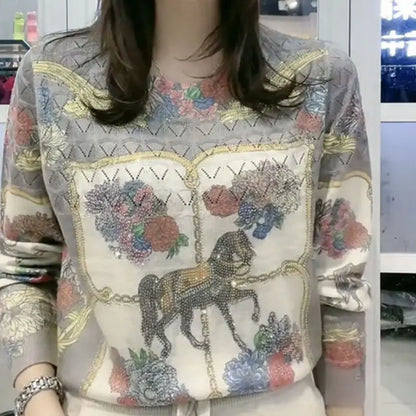 Autumn Winter O Neck Printing Diamonds Sweater Ladies Loose Casual Pullover Knitting Top Women Fashion Trend All-match Jumpers