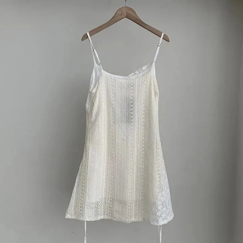 Summer Dress Women Chic French Lace Stitching Sling Shirt Stacked Gauze Knitted Dress Overskirt Inner Wear Base Short Dress