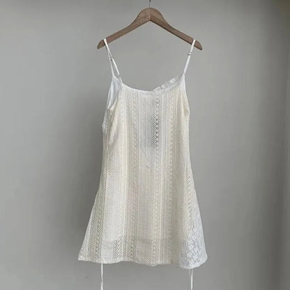 Summer Dress Women Chic French Lace Stitching Sling Shirt Stacked Gauze Knitted Dress Overskirt Inner Wear Base Short Dress