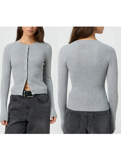 Women's Ribbed Cardigan Tops Spring Fall Solid Color Long Sleeve Round Neck Button Up Cropped Sweaters Female Casual Pullovers