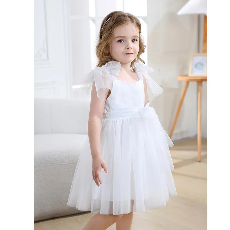 Flower Girl Dresses Pink Tulle Puffy With Bow Sleeveless Toddler Girls Baptism Wedding Birthday Party Dress Leisure Frocks
