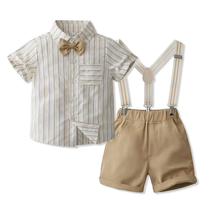 Summer Baby Boys Party Dress Suit Cotton Short Sleeve With Shirt + Belt Shorts 2PCS Outfits Kids Boys Gentleman Clothes Sets