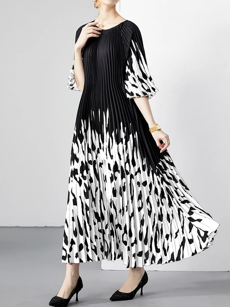 Women's Summer Dress Light Mature Style Retro Style Ruffled 5/4 Sleeves Round Neck Waist Shrinking Print A-line Dress D3971