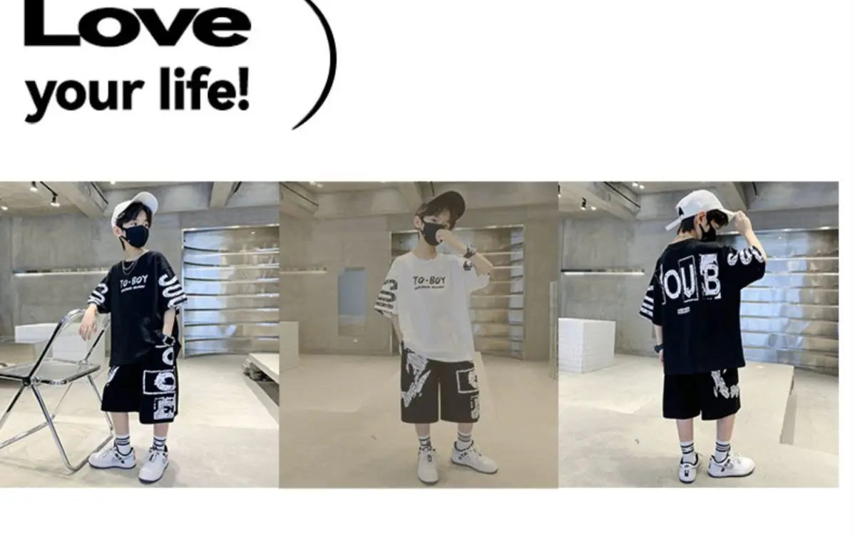 Boys Summer Trendy Casual Sports 2pcs T-shirts+Pants Suits 3-14 Years Teenage Boys Hip Hop Style Fashion Outfits Clothes Sets