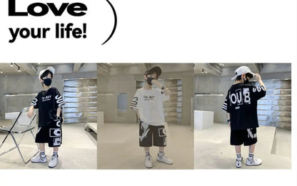 Boys Summer Trendy Casual Sports 2pcs T-shirts+Pants Suits 3-14 Years Teenage Boys Hip Hop Style Fashion Outfits Clothes Sets