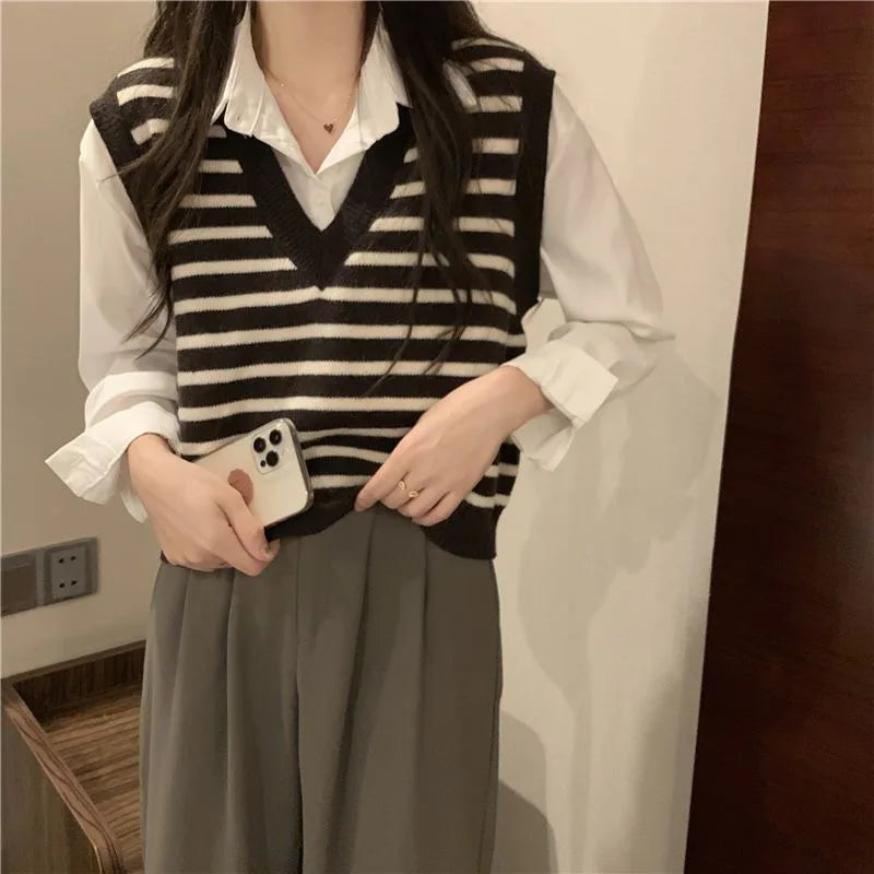 Women Autumn Winter Preppy Style Sweater Vest New Fashion Pullover Elastic Knit Ladies Jumper Casual Stripped Female Basic Tops