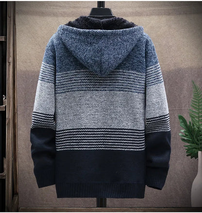 Men's Autumn/winter Hooded Knit Jacket Fleece-lined Thickened Casual Loose-fit Knitted Cardigan Outer Wear Sweater