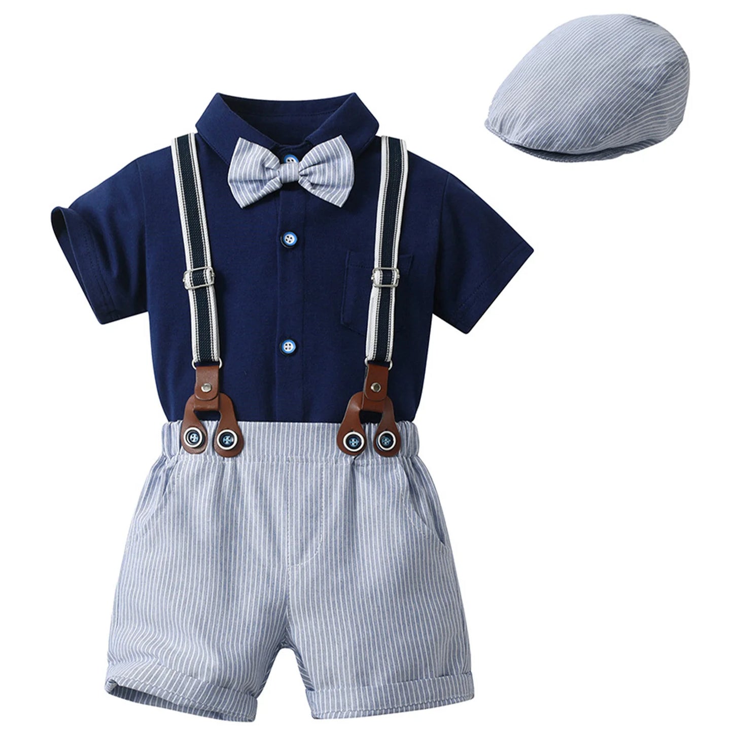 Baby Boys Summer Short Sleeve Lapel Bow Tie Romper with Suspender Shorts Beret Christening Birthday Wedding Party Gentlemen Suit