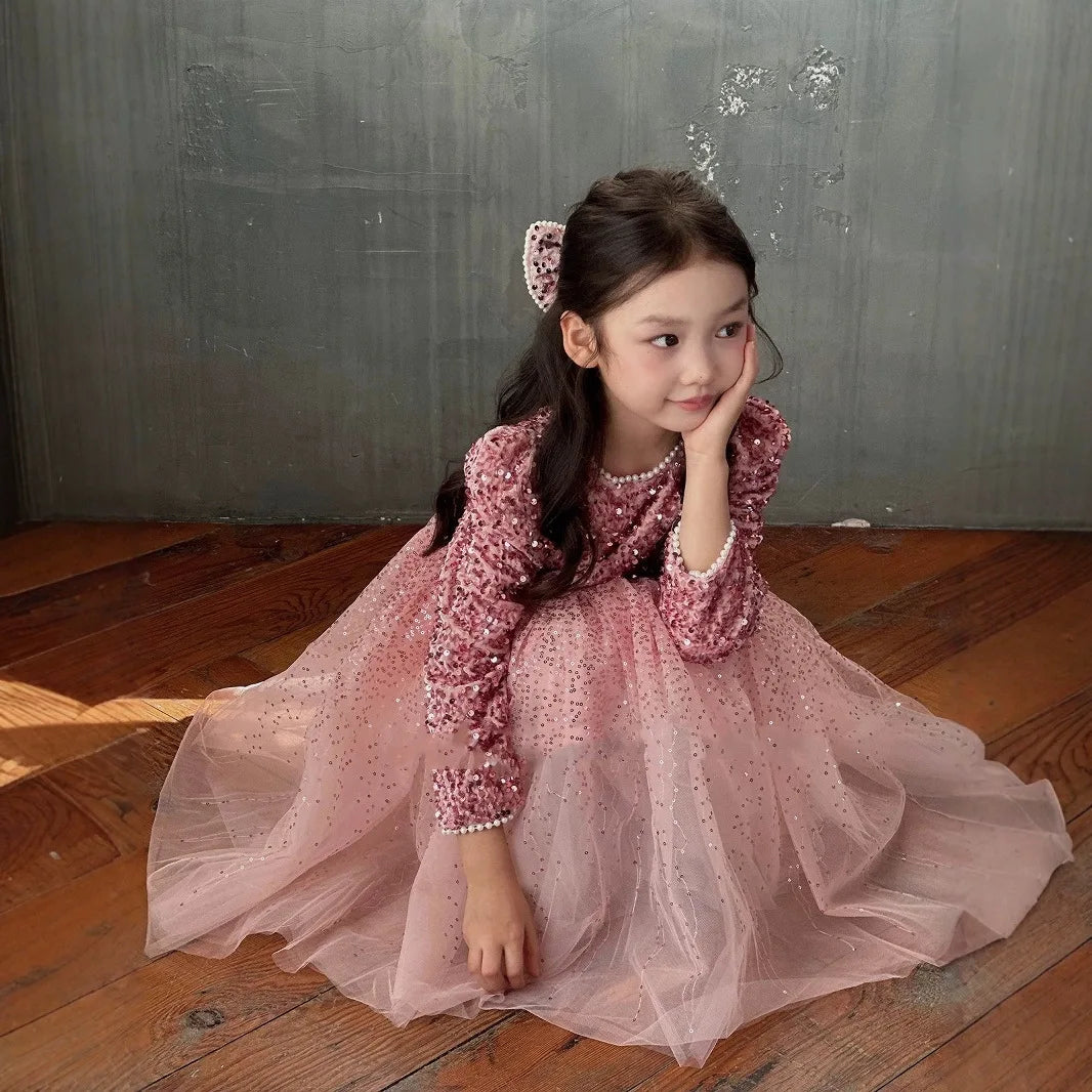 Girls' Dress with Bright Opening Veil and Thick Velvet, Super Fairy Princess Dress, 2025 Winter Clothing New Children's Clothing