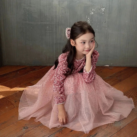 Girls' Dress with Bright Opening Veil and Thick Velvet, Super Fairy Princess Dress, 2025 Winter Clothing New Children's Clothing