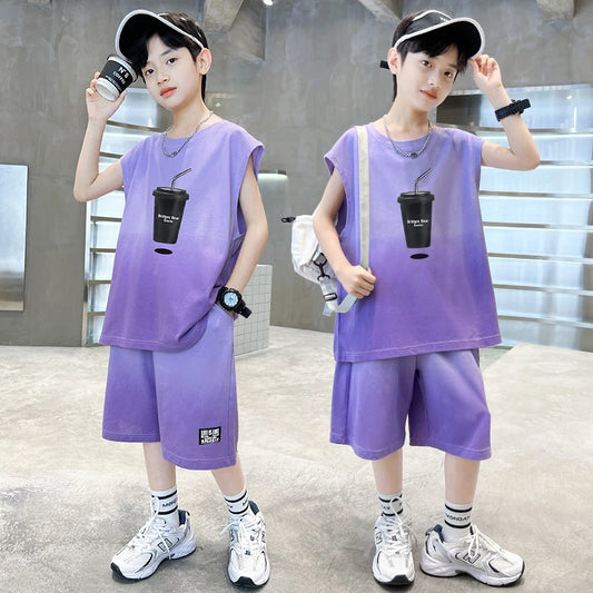 Fashion Boys Summer Top and Bottom set Clothing for Kids Child Casual Sleeveless Tshirt And Shorts Two Pieces Tracksuit Outfit