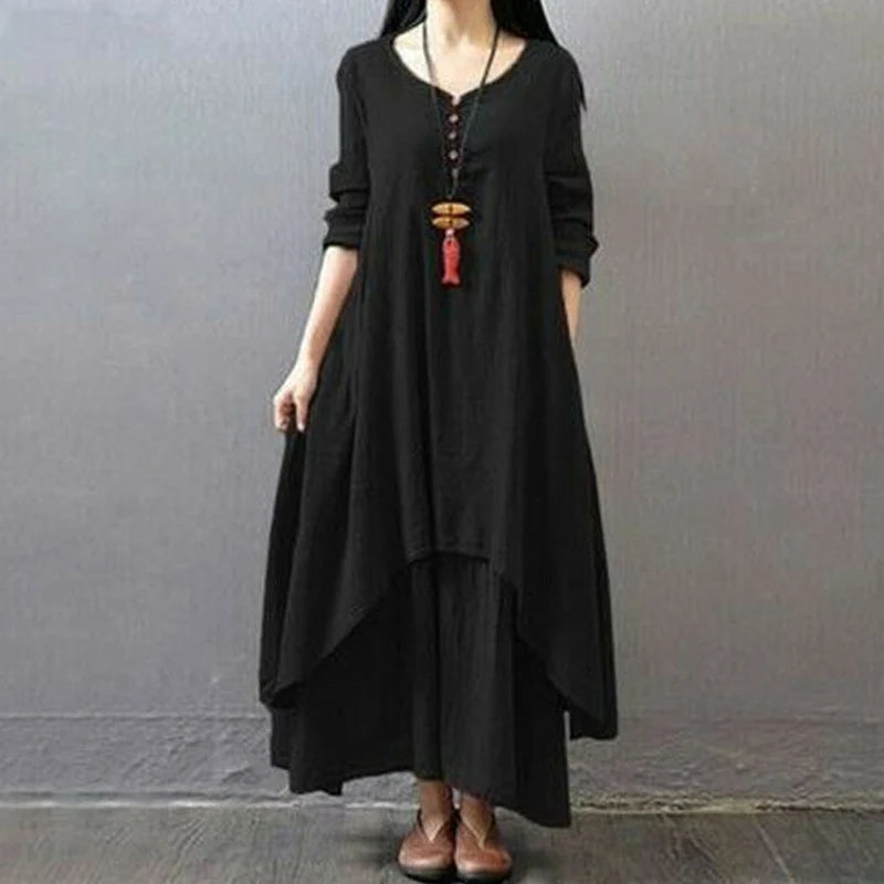 Summer Women  Boho Vintage Kaftan Loose Gypsy Maxi Dress Fake Two-piece Literary Irregular Large Swing Dress Robe
