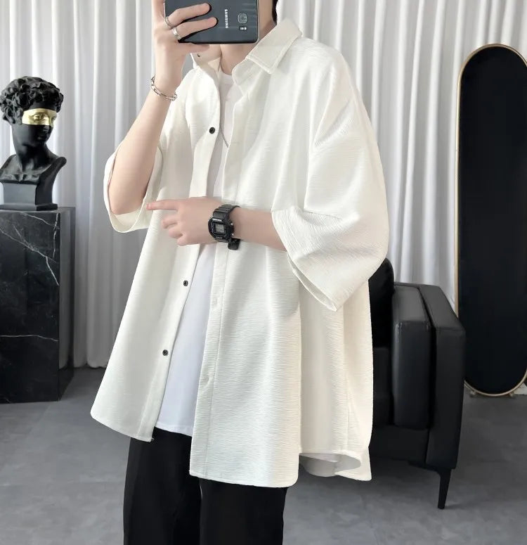 Summer Cool Men Short-sleeved Shirt Solid Color Fashion Plicated Casual Loose Button Shirt Male Clothing Tops