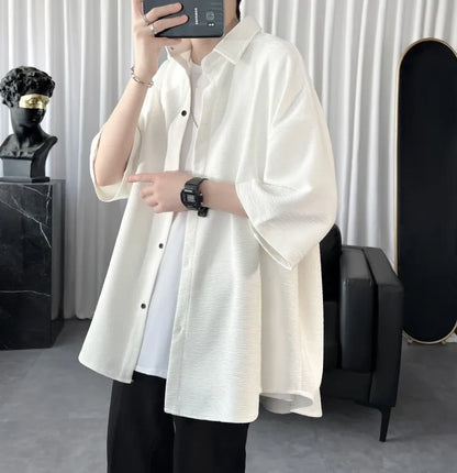 Summer Cool Men Short-sleeved Shirt Solid Color Fashion Plicated Casual Loose Button Shirt Male Clothing Tops