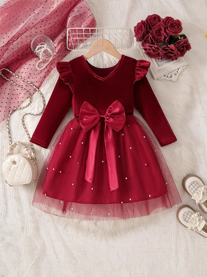 2025 Autumn Winter Girls' Christmas Party Dress with Bow, Elegant Princess Gown for Holiday Pageant & Formal Events
