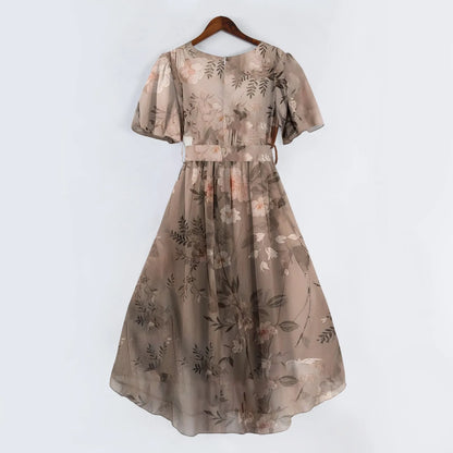 Women Summer Thin Dress Daily Casual Fashion Wrinkles V-Neck Waist Cinching A-Line Zipper Dress Lightweight Comfy Vacation Dress