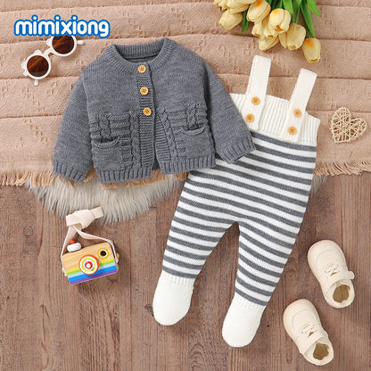 Winter Baby Clothes Set Autumn Casual Long Sleeve Knitted Infant Boys Girls Sweaters Cardigans+Rompers Outfits 2pcs Toddler Wear