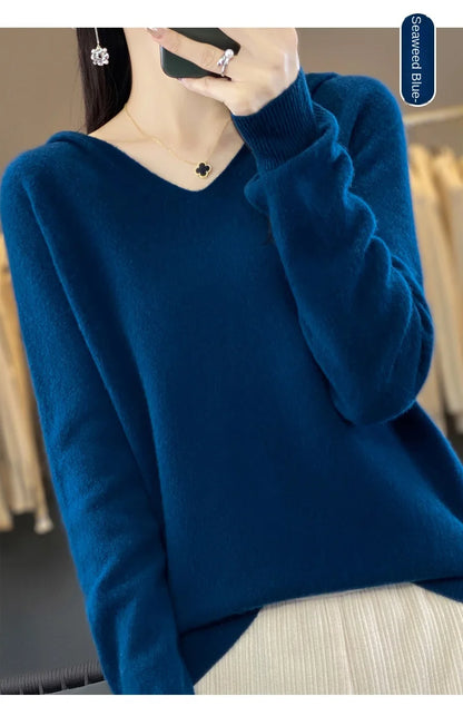 2024 100% Merino Pure Wool V-neck Hoodie Autumn/Winter Hoodie New Cashmere Sweater Women's Casual Knitted Top DMR207