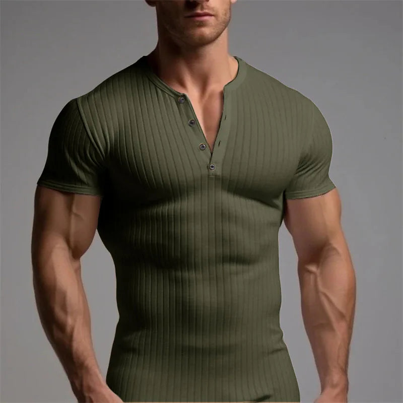 Summer Trend Men's Short Sleeve Casual T-Shirts Solid Henley Neck Button Up Pullover Tops Spring Turn Down Collar Basic Shirt