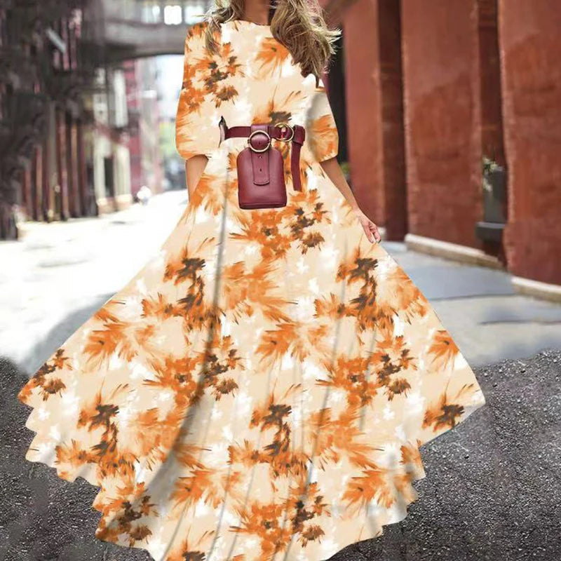 Summer Bohemian Floral Long Dress For Women Casual Holiday Beach Zipper Round Collar Pocket Slim-fitting Swing Robe Vestidos