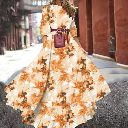 Summer Bohemian Floral Long Dress For Women Casual Holiday Beach Zipper Round Collar Pocket Slim-fitting Swing Robe Vestidos