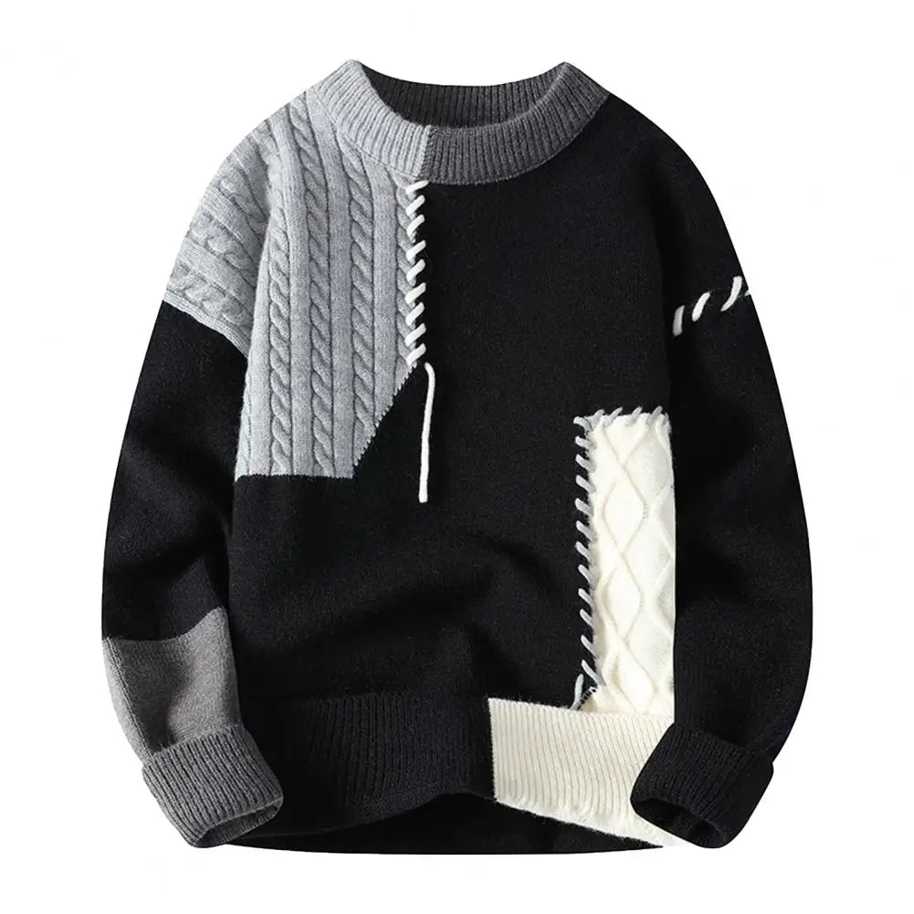 Men Loose Sweater Stylish Men's Winter Sweater with Irregular Colorblock Design Round Neck Knitted Detail Thick Sport for Cold
