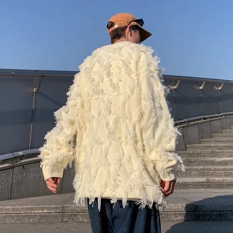 Winter Men's Ripped Fringe Raw Edge Sweater Hip Hop Fashion Knitwear Pullovers Y2K Vintage Streetwear Knitted Jersey Clothes