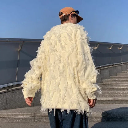 Winter Men's Ripped Fringe Raw Edge Sweater Hip Hop Fashion Knitwear Pullovers Y2K Vintage Streetwear Knitted Jersey Clothes