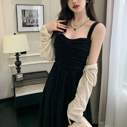 New Summer Women Elegant Black Suspender Dress Lady Concise Beach Prom Goddess Dress Female Classic Backless Ruched Long Dress